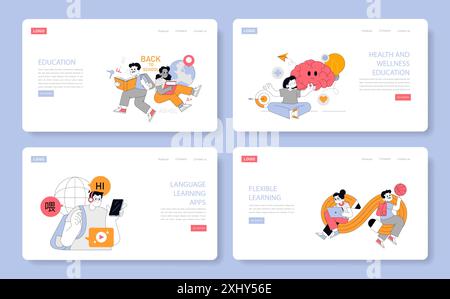 Education set. Varied learning concepts from academic to health and languages. Engaging students in diverse educational settings. Vector illustration. Stock Vector