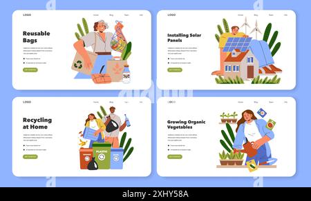 Sustainability Lifestyle set. Eco-friendly habits and renewable energy for green living. Reusable bags, solar panel installation, recycling at home, organic gardening. Vector illustration. Stock Vector