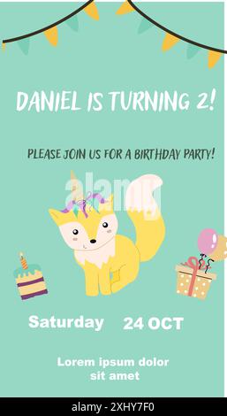 Childrens magic invitation card with fairy animal. Fantasy world elements design. Template for magic birthday party with unicorn or cute animal with h Stock Vector