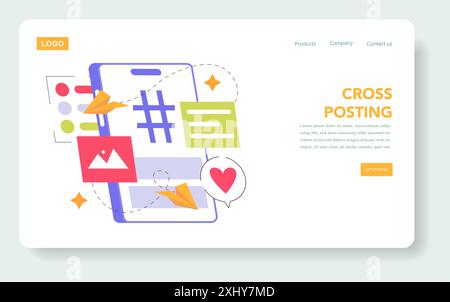 Digital Strategy concept. A visual representation of cross-posting in social media management. Displaying images, hashtags, and engagement icons. Vector illustration. Stock Vector
