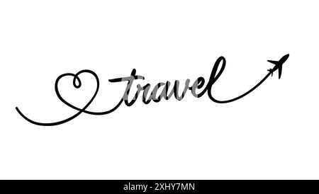 Love travel, airplane flight route, tourism path. Continuous one line drawing of airplane path in heart form. Vector illustration Stock Vector