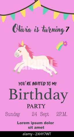 Childrens magic invitation card with fairy animal. Fantasy world elements design. Template for magic birthday party with unicorn or cute animal with h Stock Vector