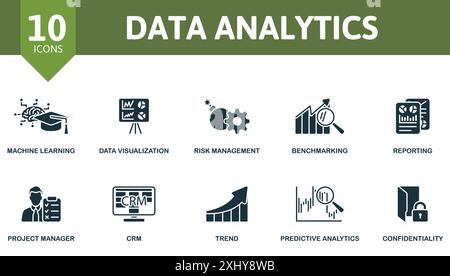 Data Analytics icon set. Machine Learning, Data Visualization, Risk Management, Benchmarking, Reporting, Project Manager, Crm, Trend, Predictive Stock Vector