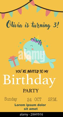 Childrens magic invitation card with fairy animal. Fantasy world elements design. Template for magic birthday party with unicorn or cute animal with h Stock Vector