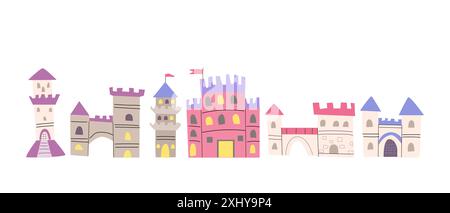 fairy house or castle pack. Set of childrens magic elements for coloring book, cover design. Stock Vector