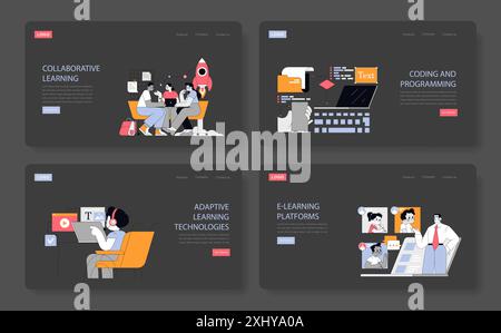 Education set. Digital learning themes like collaborative study, coding, adaptive tech, e-learning platforms. Incorporates modern classroom concepts. Vector illustration. Stock Vector