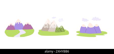 childrens landscape elements collection. Mountains and river backgrounds set. Stock Vector