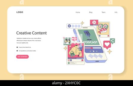 Digital Strategy concept. A collection of web elements portrays content creation for social media and podcasts. Engagement, analytics, and audiovisual tools. Vector illustration. Stock Vector