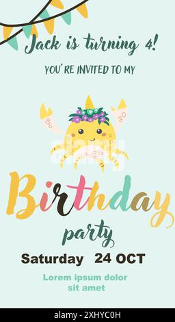 Childrens magic invitation card with fairy animal. Fantasy world elements design. Template for magic birthday party with unicorn or cute animal with h Stock Vector