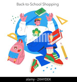 Back-to-school shopping concept. A student surrounded by new school supplies, excited for the upcoming academic year. Vector illustration. Stock Vector