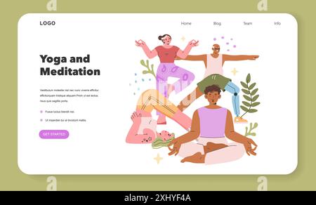 Yoga and Meditation concept. Diverse people practicing yoga poses and mindfulness on a soothing website interface. Serenity and wellness lifestyle. Vector illustration. Stock Vector