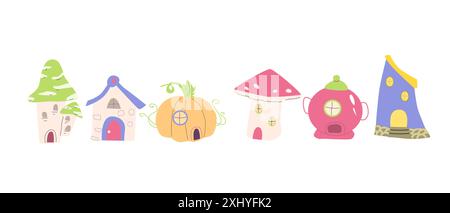 fairy house or castle pack. Set of childrens magic elements for coloring book, cover design. Stock Vector