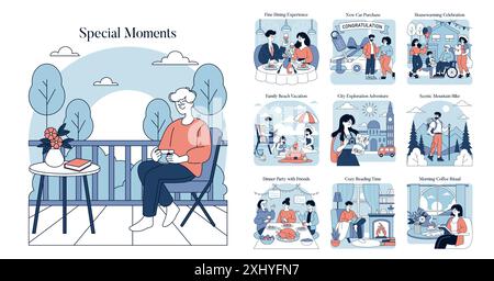 Special Moments set. Illustrations of life's cherished experiences, from serene solitude to festive gatherings. Relaxation, celebration, adventure, and daily rituals captured. Vector illustration. Stock Vector