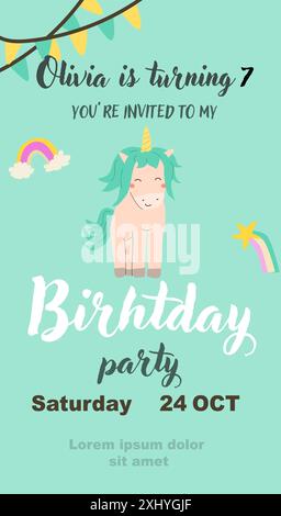 Childrens magic invitation card with fairy animal. Fantasy world elements design. Template for magic birthday party with unicorn or cute animal with h Stock Vector