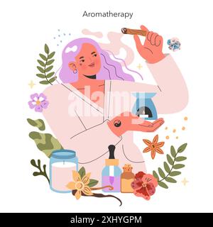 Aromatherapy concept. A person enjoying a holistic spa treatment with essential oils, candles, and natural herbs. Relaxation and wellness through scent. Vector illustration. Stock Vector