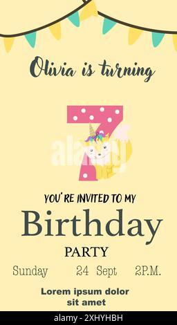 Childrens magic invitation card with fairy animal. Fantasy world elements design. Template for magic birthday party with unicorn or cute animal with h Stock Vector