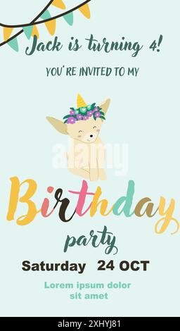 Childrens magic invitation card with fairy animal. Fantasy world elements design. Template for magic birthday party with unicorn or cute animal with h Stock Vector