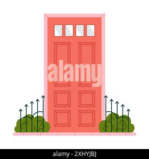 Red front door with rectangular windows and green plants behind fence bars vector illustration Stock Vector