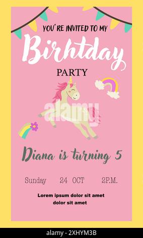 Childrens magic invitation card with fairy animal. Fantasy world elements design. Template for magic birthday party with unicorn or cute animal with h Stock Vector