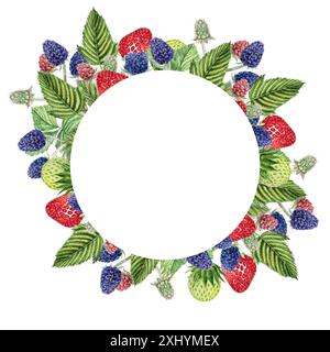 Frame of berries and leaves of blackberries and strawberries, watercolor illustration of blackberries, hand drawing. For design of cards, labels and o Stock Photo