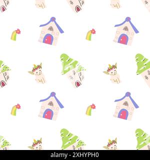 Cute unicorn seamless pattern for textile. Childish magic characters background. Childrens fairy and magic pattern. Stock Vector