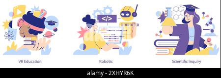STEM Education set. Interactive VR learning, robotics programming, and scientific research visualized. Technology-driven education and critical thinking. Vector illustration. Stock Vector
