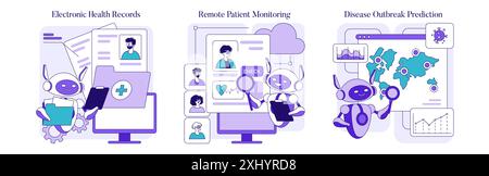 AI in Medicine set. Digitized healthcare with robots managing patient data, monitoring health, and predicting epidemics. Seamless integrated medical technology. Vector illustration. Stock Vector
