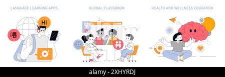 Education concept set. Language app user, students in a global classroom, and a health-awareness lesson. Engagement in diverse learning environments. Vector illustration. Stock Vector