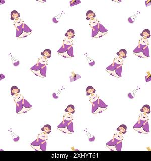 Childrens fairy pattern with princess and castle. Cute fantasy world clipart background. Childish magic pattern with cartoon characters. Stock Vector
