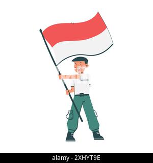 Young man is waving the indonesian flag, celebrating the country's independence day Stock Vector