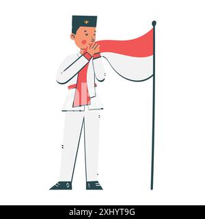 Indonesian man showing reverence to the flag during indonesian independence day festivities Stock Vector