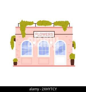 Flower store facade, pink brick wall with arched windows, door and signboard vector illustration Stock Vector