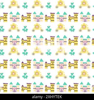 Childrens fairy pattern with princess and castle. Cute fantasy world clipart background. Childish magic pattern with cartoon characters. Stock Vector