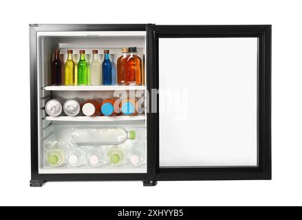 Mini refrigerator with drinks isolated on white Stock Photo