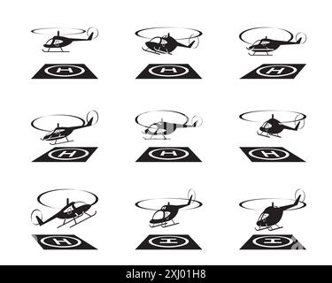 Landing and taking of at helicopter pad – vector illustration Stock Vector