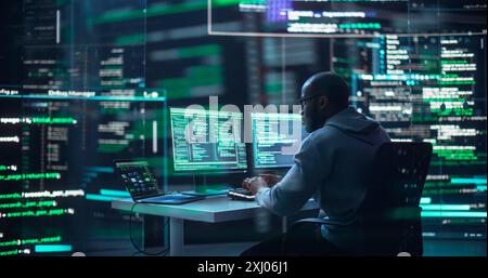 Black Male Developer Typing on Computer, Surrounded by Transparent Screens Showing Code Prompts. Professional Programmer Creating Complex Software, Running Coding Tests. Futuristic Programming. Stock Photo