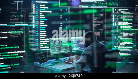 Black Male Developer Typing on Computer, Surrounded by Transparent Screens Showing Code Lines. Professional Programmer Creating Complex Software, Running Coding Tests. Futuristic Programming Concept Stock Photo