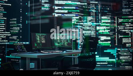 No People Shot: Empty Desk Standing in a Monitoring Control Room, With Laptop Computer Surrounded by Big Screens Displaying Lines of Programming Language Code. Autonomous AI Computer Coding a Software Stock Photo