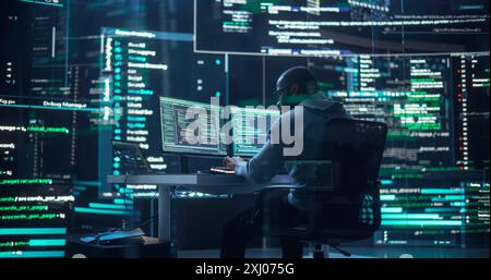 Lines of code running on computer screens in data center providing ...