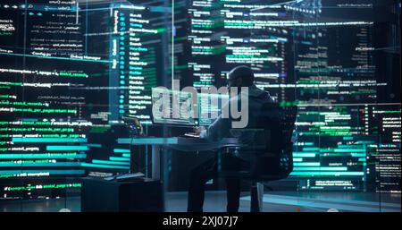 Shot of a Man Working as a Developer, Surrounded by Big Screens Displaying Lines of Code in a Dark Monitoring Room. Black Male Programmer Using Desktop Computer, Analysing Data, Creating AI Software Stock Photo