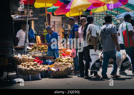 Merchant selling his vegetables and fruit at street market in Kandy, Sri Lanka. Stock Photo