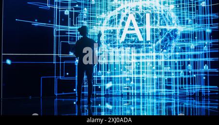 Back View of Woman Holding Laptop Computer, Standing Next To a Big Digital Screen and Interacting with AI Neural Network 3D Visualization. Professional Female Manager Analysing Information in Big Data Stock Photo