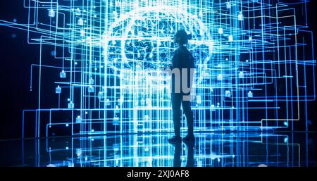 Back View of Young Woman Looking at a Big Screen with Neural Network 3D Visualisation. Professional Computer Data Science Engineer Working in System Control Room and Monitoring Telecommunications Stock Photo