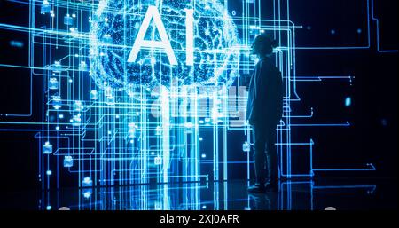 Back View of Young Woman Looking at a Big Screen with Neural Network 3D Visualisation. Professional Computer Data Science Engineer Working in System Control and Monitoring Telecommunications Stock Photo