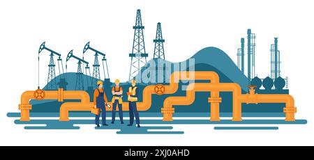 Oil gas workers. Petroleum pipeline engineers. Pipelines and pumps.  Energy resources. Fuel products industry. Petrol production workers Stock Vector