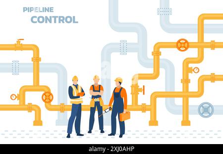 Oil gas workers. Petroleum pipeline engineers. Pipelines and pumps.  Energy resources. Fuel products industry. Petrol production workers Stock Vector