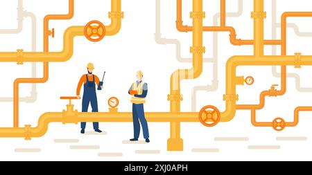 Oil gas workers. Petroleum pipeline engineers. Pipelines and pumps.  Energy resources. Fuel products industry. Petrol production workers Stock Vector