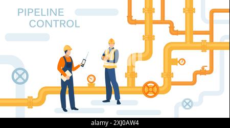 Oil gas workers. Petroleum pipeline engineers. Pipelines and pumps.  Energy resources. Fuel products industry. Petrol production workers Stock Vector