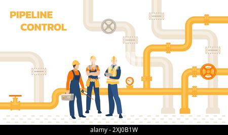 Oil gas workers. Petroleum pipeline engineers. Pipelines and pumps.  Energy resources. Fuel products industry. Petrol production workers Stock Vector