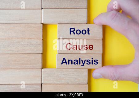 Hand holding wooden blocks with Root Cause Analysis text on yellow cover background. Stock Photo